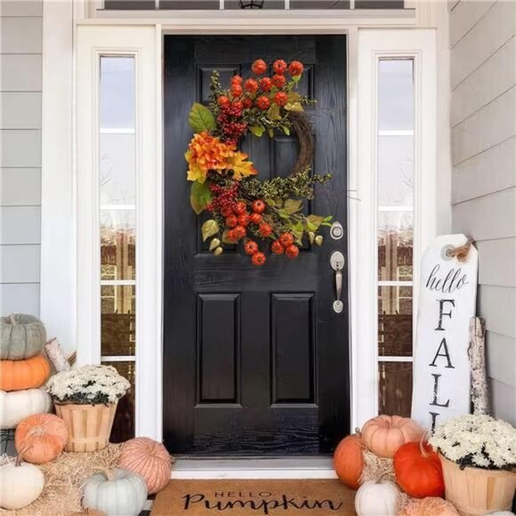 Fall Decor Fall Wreaths for Front Door 20 Inch Mini Pumpkins Berries Wreath - Picture 4 of 6